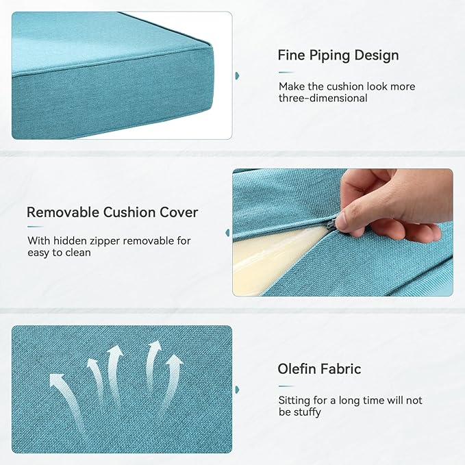 Luxury 6" Outdoor Cushions for Patio Furniture, 24x24x6" Thick Seat Cushion Set of 10, Fade Resistant Couch Chair Replacement Cushions High Density Deep Wicker Chair Cushion w/ Removable Cover, Teal
