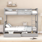 Merax Wood Bunk Bed with Drawers,Convertible Wood Bunk Bed with Ladders and Two Storage Drawers,Solid Wood Detachable Bunk Bed Frame with Ladders,Twin Over Twin Size,Grey