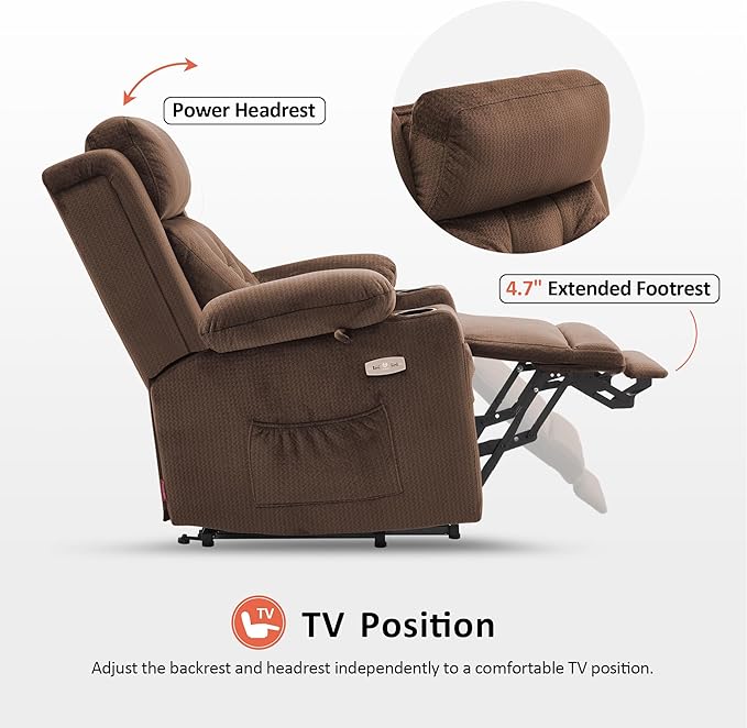 MCombo Medium Triple Motor Power Lift Recliner Chair with Massage and Heat for Elderly People, Adjustable Headrest, Infinite Position, USB Ports, Fabric 7661 (Brown, Medium)