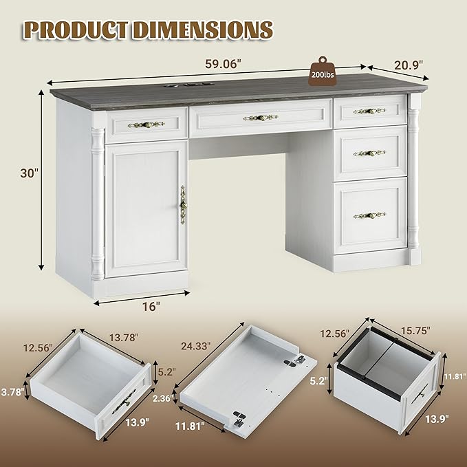 Farmhouse Executive Desk with Storage Drawers and File Cabinet, 60" Vintage Home Office Desk with Power Outlet and Roman Column, Wood Computer Desk with Keyboard Tray for Work and Study, Antique White