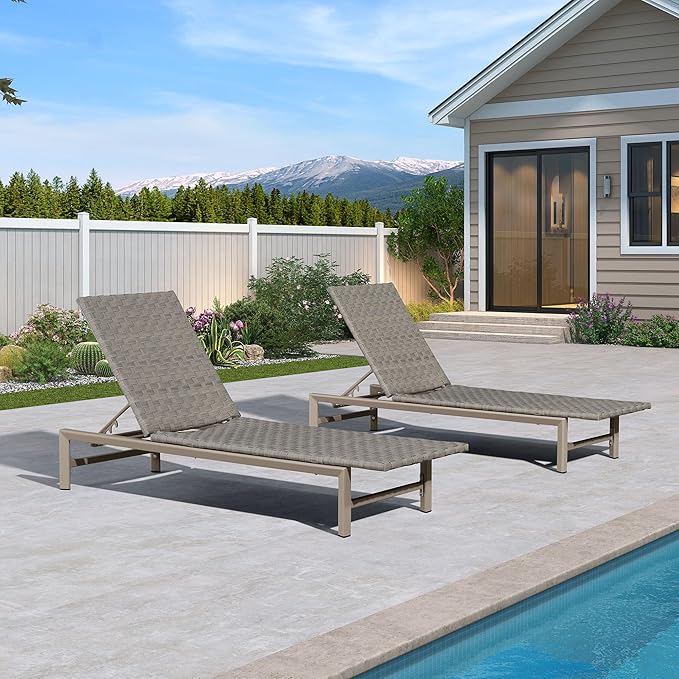 PURPLE LEAF Patio Chaise Lounge Rattan Chair Set of 2 Outdoor Pool Adjustable Recliner Wicker Chairs for Outside Woven Furniture Tanning Poolside Lounger Granite Gray