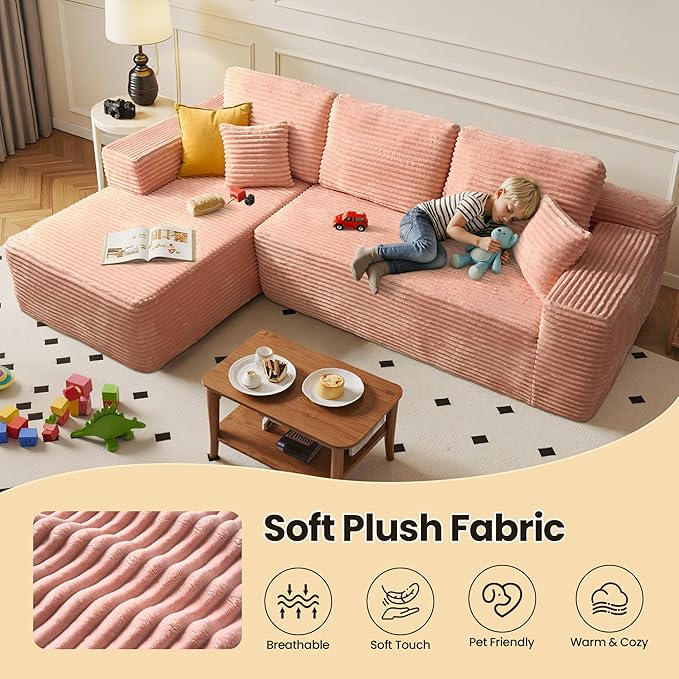 104" Cloud Sectional Couch with Chaise, Boneless L-Shaped Cloud Couch with Deep Seat, Soft Plush Modern Minimalist Sofa, Assembly Free Comfy Sofa for Office Living Room Apartment(Pink, Left Chaise)