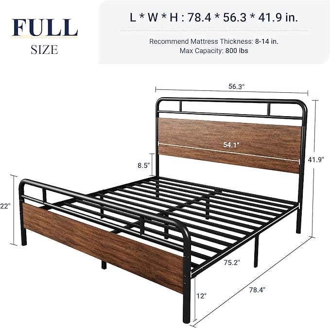 Allewie Full Size Platform Bed Frame with Wooden Headboard and Footboard, Heavy Duty 13 Metal Slats Support, Under-Bed Storage, No Box Spring Needed, Noise Free, Easy Assembly, Walnut