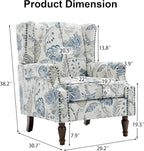 Pia Ricco High Back Floral Accent Chair - Retro Wingback Upholstered Armchair with Nailhead Trim, Solid Wood Legs, Fabric Living Room Bedroom Reading Chair (Plants Blue)