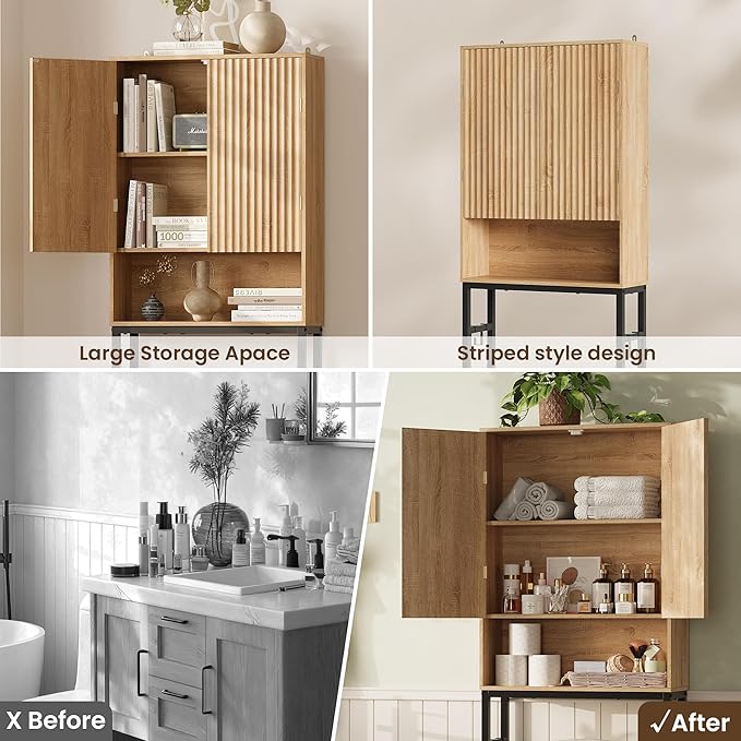Toilet Storage Cabinet, Over The Rack Wood Cabinet with Metal Stand, Bathroom Organizer with Adjustable Shelf, Tall Freestanding Washer Shelf, Small Cupboard, Space Saver, Natural Style