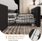 SHA CERLIN King Size Bed Frame with 3 Drawers, USB & Type-C Charging Ports, Velvet Upholstered Platform Bed with Modern Geometric Wingback Storage Headboard, No Box Spring Needed, Easy Assembly, Black
