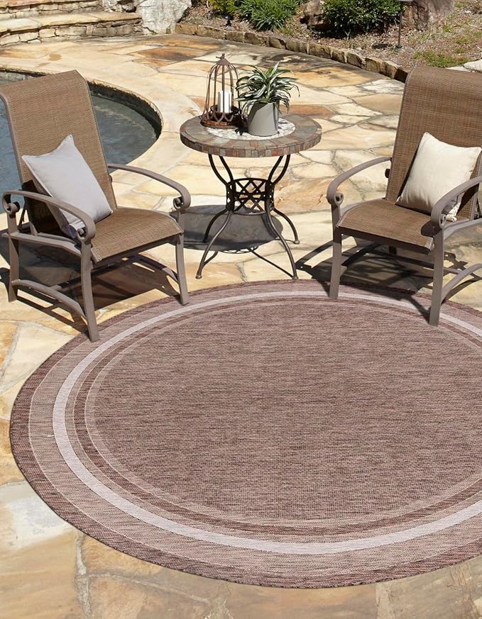 Unique Loom Outdoor Border Collection Area Rug - Soft Border (6' 1" Round Brown/Ivory)