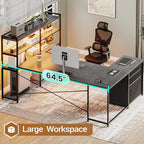 SEDETA Corner Computer Desk, Reversible U Shaped Office Desk with 3 Fabric Drawers and Power Outlet, Corner Gaming Desk with LED Lights, Storage Shelves, Grey