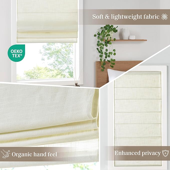 Madison Park Kyler Cordless Roman Shades - Single Panel, Lightweight Linen Blend Fabric, Natural Design, Easy Installation, Light Filtering Window Blind, Bedroom, Living Room Decor 29"W x 64"H Ivory