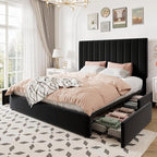 Allewie Queen Size Storage Bed Frame, Vertical Channel Tufted Adjustable Headboard, Velvet Upholstered Platform Bed with 4 Oversized Underbed Drawers, Wooden Slats Support, No Box Spring Needed, Black