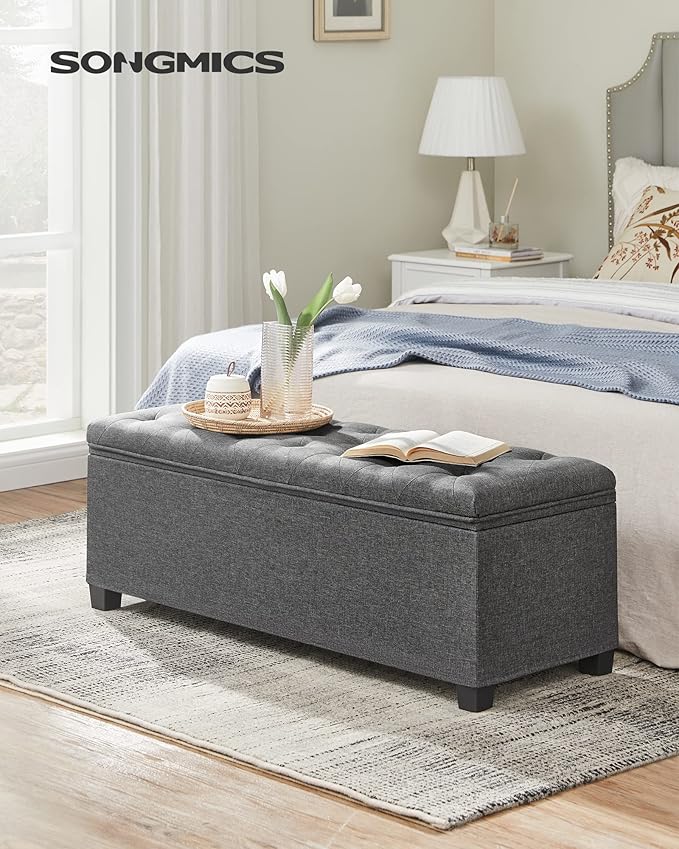 SONGMICS Storage Ottoman Bench, Foot Rest with Legs, 15.7 x 43.3 x 15.7 Inches, End of Bed Bench, Storage Chest, Load up to 660 lb, for Living Room, Bedroom, Entryway, Dark Gray ULSF088G01