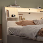 King Size Headboard Only for Bed, Wood Bookcase Headboard with Charging Station & 2 LED Lights, Modern King Bookshelf Headboard with Storage, Noise-Free, Sturdy and Durable, White
