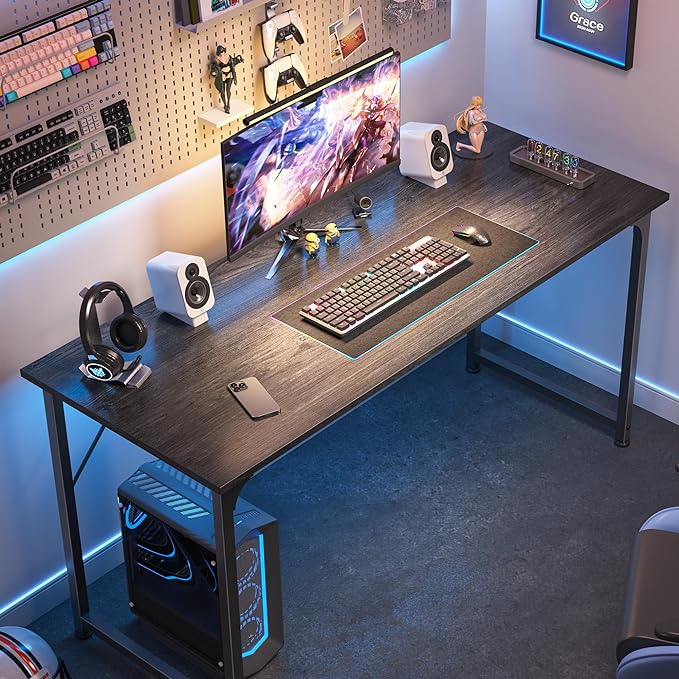 Huuger Computer Desk, 55 Inch Home Office Desk, Gaming Writing Work from Home Study Desk, Large Legroom, Sturdy Metal Frame, Modern Simple, Grey