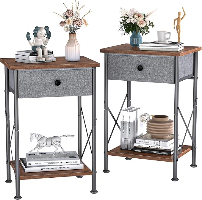 VECELO Modern Versatile Nightstands X-Design Side End Table Night Stand Storage Shelf with Bin Drawer for Living Room Bedroom, Set of 2 (Brown)