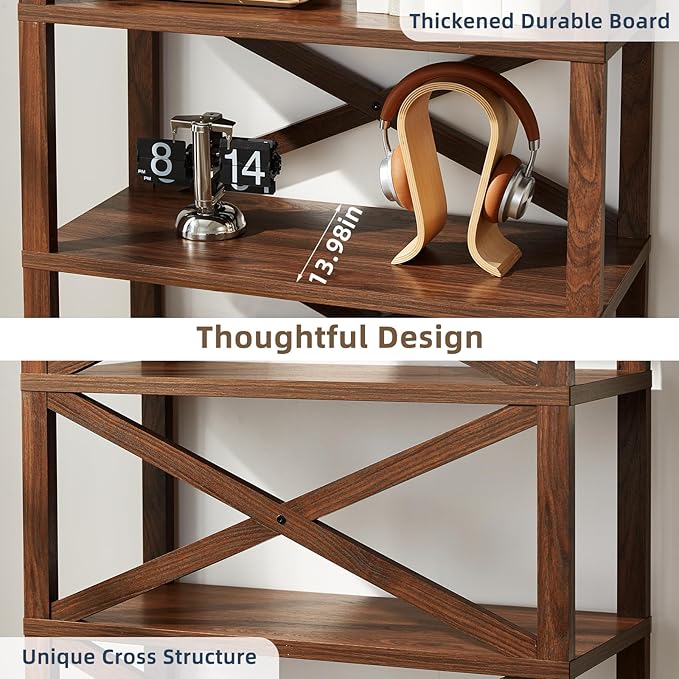 5 Tier Bookshelf 70" Tall Bookcase with Barn Doors,Large Farmhouse Display Book Shelf with Adjustable Shelves and Storage Cabinet,Wood Bookshelves for Living Room,Kitchen,Brown(2PCS)