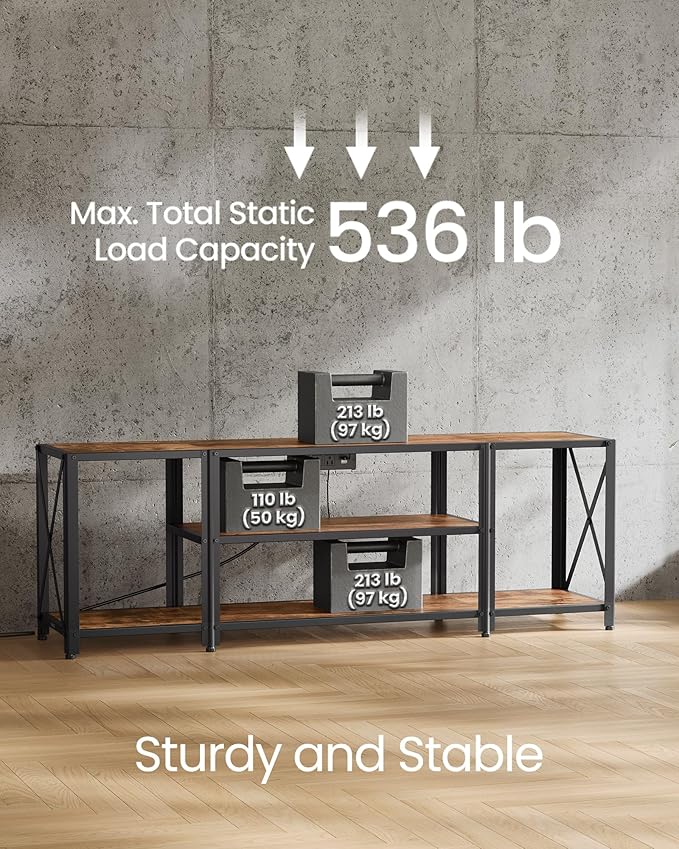 VASAGLE TV Stand with Power Outlets and LED Lights, for TVs up to 60 Inches, Entertainment Center with Open Storage Shelves, TV Console Table for Living Room, Rustic Brown and Ink Black ULTV121K01