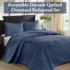 Madison Park Quebec Reversible Quilt Set Damask Design, Double Sided Stitching All Season, Lightweight Bedspread Bedding Set, Matching Sham, Navy, Twin(81"x110") 2 Piece