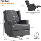Swivel Glider Recliner Chairs Set of 2 for Adults - High Back Rocker Recliners with Deep Seat, Comfortable & Quiet Upholstered Fabric Armchairs for Living Room or Nursery, Manual Reclining-Gray