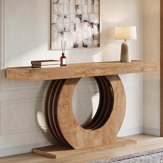 Tribesigns 63-Inch Console Sofa Table, Rustic Industrial Farmhouse Entryway Table, Narrow Long Couch Console Behind Sofa with Black Circle Base for Living Room Hallway, Light Brown