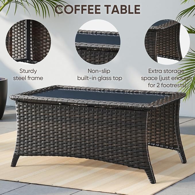Swivel Patio Chairs sofa Set of 6 with 6" Thick Cushion - Wicker Outdoor Swivel Rocker Patio Chair ,Sofa/Glass coffee table, High Back Comfortable Outdoor Glider Chairs - Brown Wicker | Gery Cushions