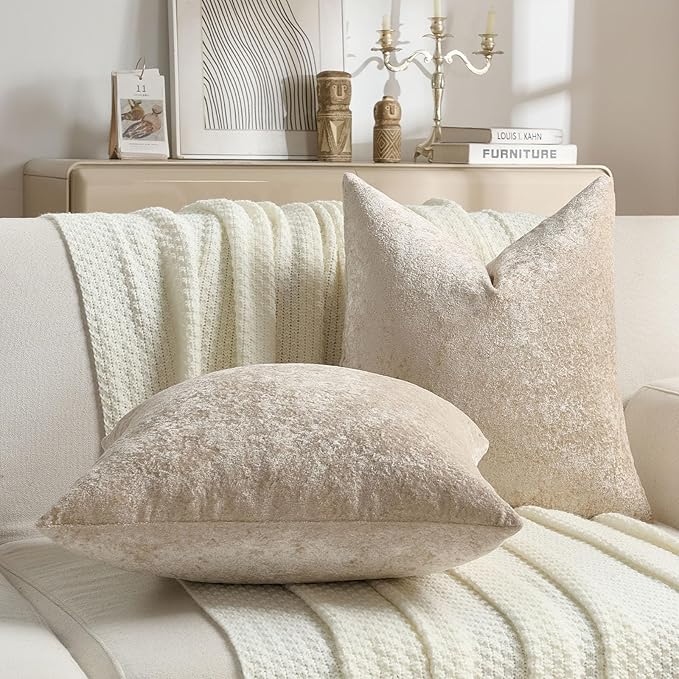 FUTEI Beige Flannel Throw Pillow Covers 16x16 Inch Set of 2,Soft Dimensional Textured Cushion Cases,Modern Home Decor for Couch Living Room