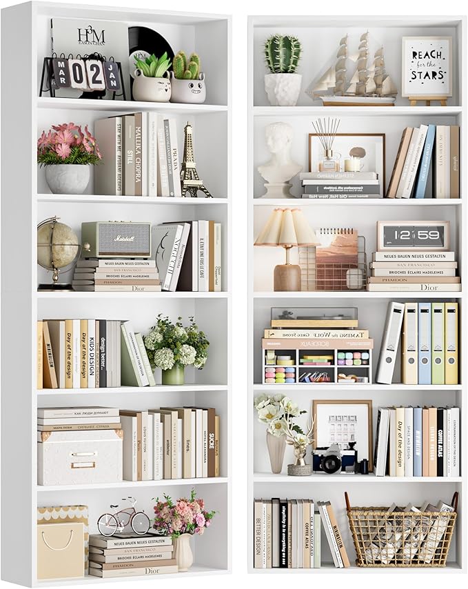 FOTOSOK 70.8" Tall Bookcase Shelf, 6 Tier Wide Bookshelf with Storage, Billy Bookcase Set of 2, Large Bookshelf for Living Room, Home Office, White