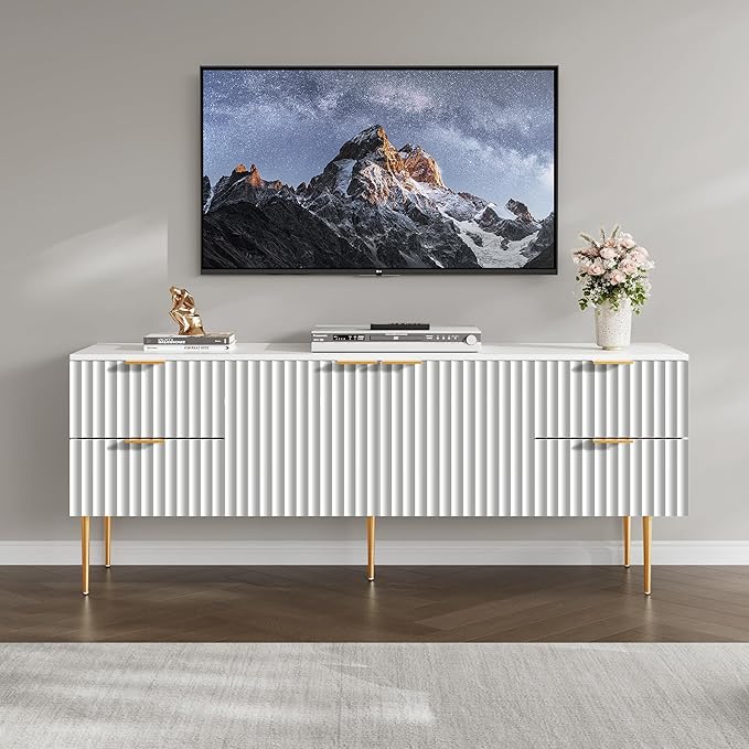 SICOTAS TV Stand for 55/60/65/70 Inch TV - 62 Inch TV Stands for Living Room Entertainment Center with 4 Drawers, Fluted Modern TV Media Console Television Cabinet for Bedroom (White,1 Piece)