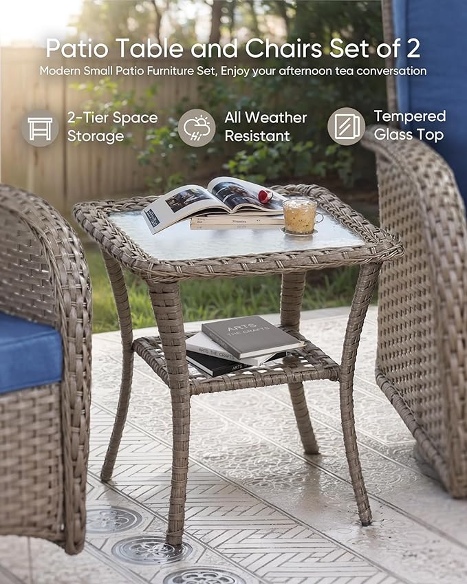 Patio Furniture-All Weather Wicker Patio Conversation Sets with Swivel Patio Chairs High Back Outdoor Couch with Swivel Rocking Chairs Outdoor Furniture for Deck Lawn Porch Balcony Poolside-Grey/Blue