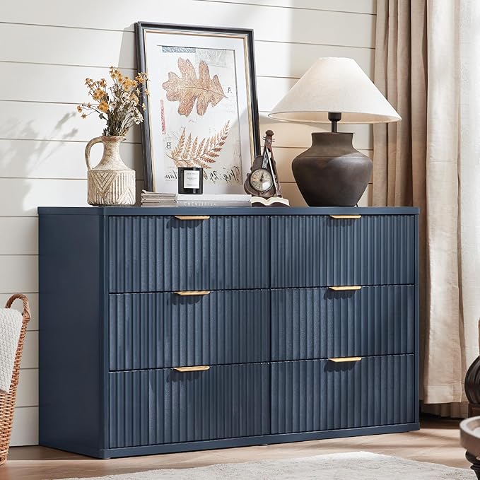 LEYAOYAO Fluted 6 Drawers Dresser, 48" Wide Modern Chest of Drawers with Wood Grain Top, Curved Profile Design, Dresser TV Stand, Wood Drawer Organizer for Bedroom, Living Room, Hallway,Blue