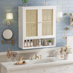Bathroom Wall Cabinet, Bamboo Over-The-Toilet Storage Organizer with 2 Rattan Doors and Adjustable Shelf, Space Saver Medicine Cabinet for Laundry, Kitchen, Living Room (White)