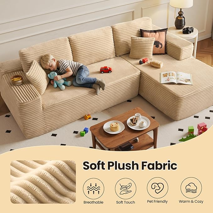 104" Cloud Sectional Couch with Chaise, Boneless L-Shaped Cloud Couch with Deep Seat, Soft Plush Modern Minimalist Sofa, Assembly Free Comfy Sofa for Office Living Room Apartment(Beige, Right Chaise)