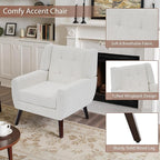 Accent Chair, Mid-Century Modern Upholstered Armchair, Comfy Fabric Living Room Chairs Reading Chairs with Button Tufted Back & Solid Wood Legs for Bedroom, Office, Beige