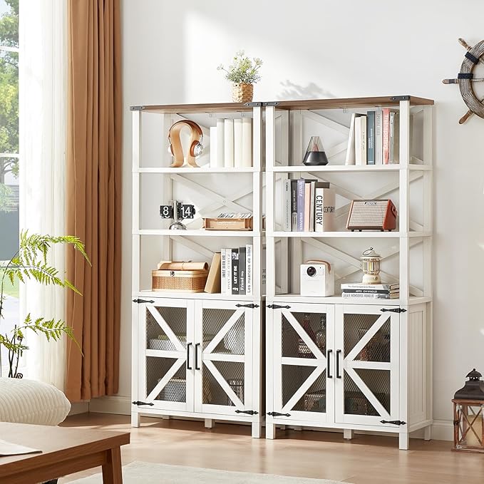 5 Tier Bookshelf 70" Tall Bookcase with Barn Doors,Large Farmhouse Display Book Shelf with Adjustable Shelves and Storage Cabinet，Library Wood Bookshelves for Living Room,Kitchen,White(2PCS)