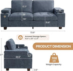 74" Loveseat Couch for Living Room,Modern Chenille Upholstered Sofa with Adjustable Storage Armrest,Cup Holders,USB & Type-C Ports, Solid Wood 2-Seater Loveseat Sofa for Apartment(Blue)
