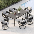 Grand patio Outdoor Dining Set for 6, 7 PCS Patio Table and Chairs Set, Metal Woven Wicker Swivel Patio Chairs with Thickened Cushions & 1 Rectangular Woodgrain Dining Table with Umbrella Hole (Black)