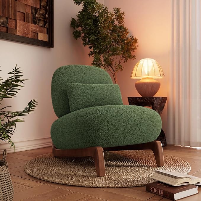Morden Fort 3 Piece Cloud Couch Set, Modern Sherpa Boucle Sofa with Wood Legs, Skin-Friendly Minimalist Upholstered Comfy Couch Sofa for Living Room, 3-Seater+Off White Chair+Forest Green Chair