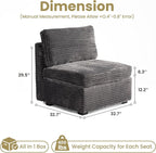 32.7'' Middle Seat for Modular Sectional Sofa, Deep Seat Upholstered Armless Chair Sleeper Sofas, L/U/V Shaped Plush Corduroy Cloud Couch for Living Room Apartment, Grey