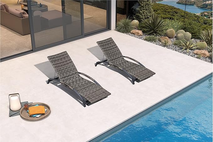 PURPLE LEAF Patio Chaise Lounge Chair Set of 2 Wicker Tanning Outdoor Pool Adjustable Recliner Chair for Outside Beach Poolside Sunbathing Lounger Light Gray