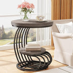 Tribesigns Round End Table: 2 Tiers Wood Side Table with Storage Shelf, Rustic Gray Bedside Nightstand, Metal Arc-Shaped Frame Accent Table for Living Room, Bedroom