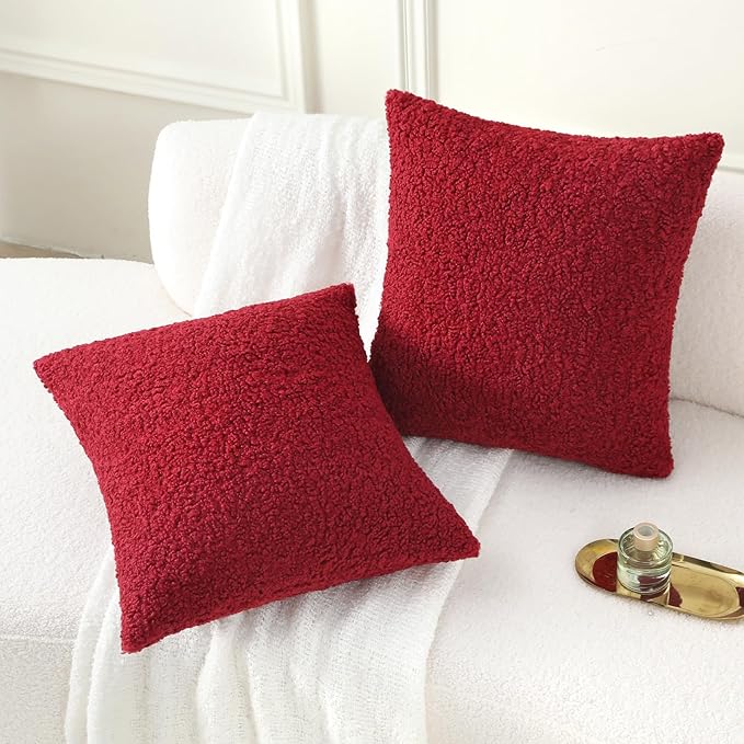 FUTEI Christmas Red Maroon Throw Pillow Covers 20x20 Inch Set of 2,Furry Faux Fur Teddy Boucle Textured Cushion Covers,Soft Fluffy Decorative Pillow Case,Home Decor for Couch Bed Living Room Car