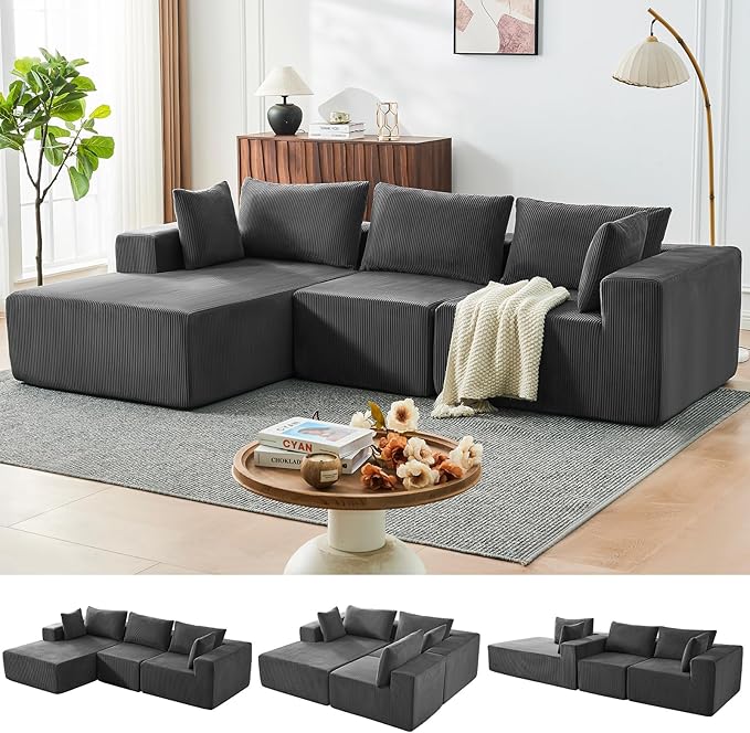 109" Cloud Sectional Couch, Boneless Couches for Living Room, Modular Sectional Sofa with Deep Seat, L-Shape Couch with Chaise, Comfy Corduroy Fluffy Modern Modular Sofa, No Assembly Required,DarkGrey