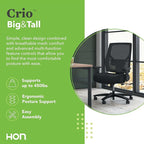 HON Crio Big and Tall Office Chair, 450lbs Weight Capacity, Extra Wide Ergonomic Desk Chair, Heavy Duty Tilt Recline, Swivel Wheels, Comfortable for Long Hours