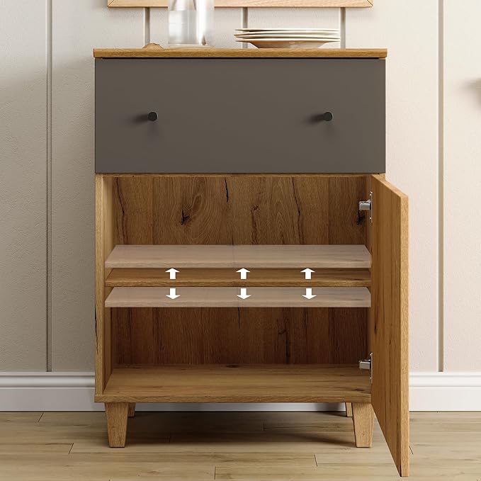 WAMPAT Set of 4 Storage Cabinets for Living Room, Modern Wood Accent Cabinets Sideboard with Drawers, Doors, and Adjustable Shelves for Dining Room, Kitchen, Entryway, Oak Brown & Dark Grey