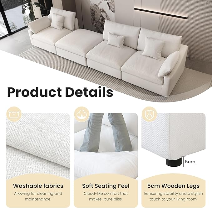 192" Modular Sectional Sofa Cloud Couch,Oversized Linen L-Shaped Sectional Sofa with Deep Seat,U-Shape 8-Seater Couch with Ottoman for Living Room in White