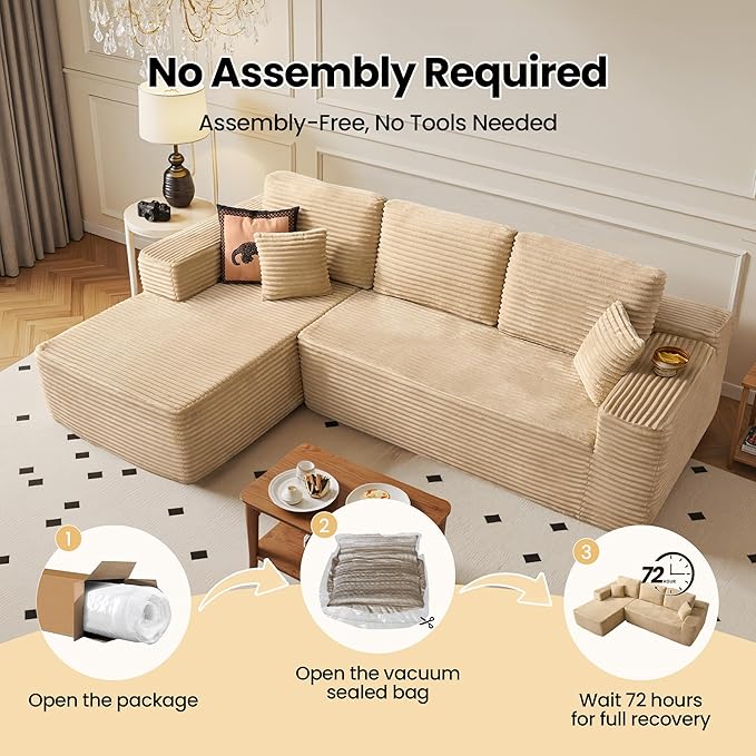 104" Cloud Sectional Couch with Chaise, Boneless L-Shaped Cloud Couch with Deep Seat, Soft Plush Modern Minimalist Sofa, Assembly Free Comfy Sofa for Office Living Room Apartment(Beige, Left Chaise)