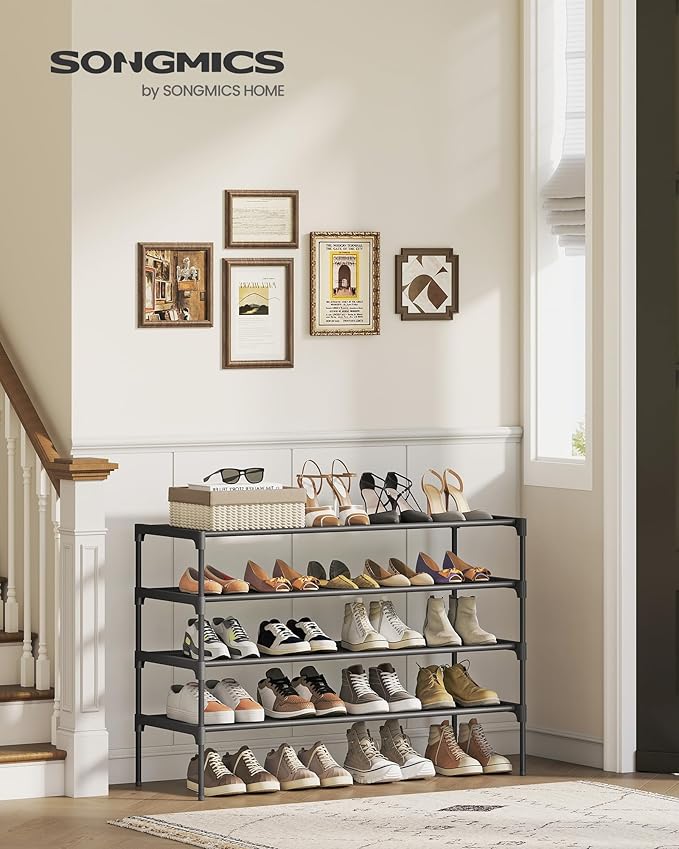 SONGMICS Shoe Rack, 4-Tier Shoe Storage Organizer, Space-Saving, 11.6 x 36.1 x 27.7 Inches, Entryway, Metal Frame, Non-Woven Fabric Shelves, Ink Black ULSH034BH01S