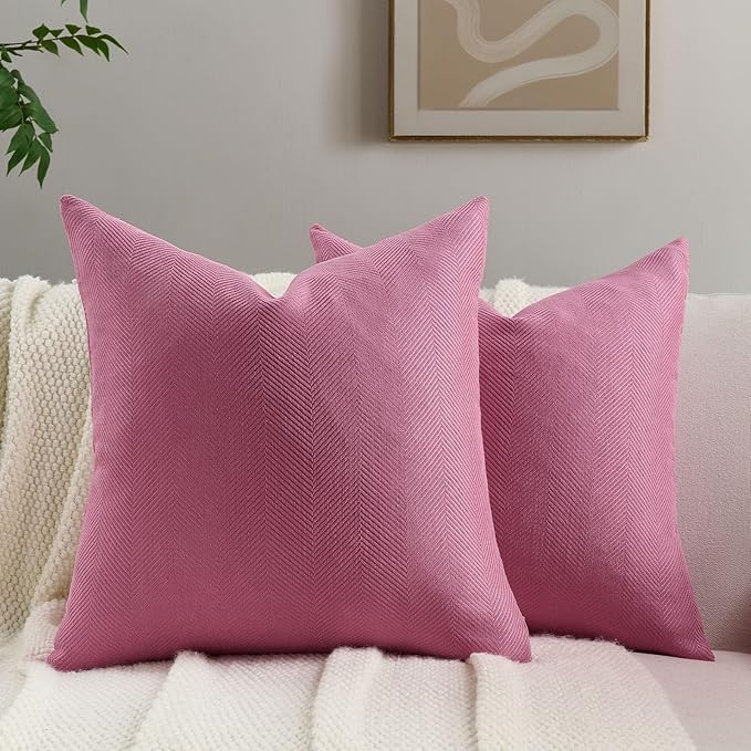 FUTEI Hot Pink Chenille Throw Pillow Covers 24x24 Inch Set of 2,Soft Wide Chevron Textured European Pillow Shams,Farmhouse Home Decor for Couch Bed Living Room
