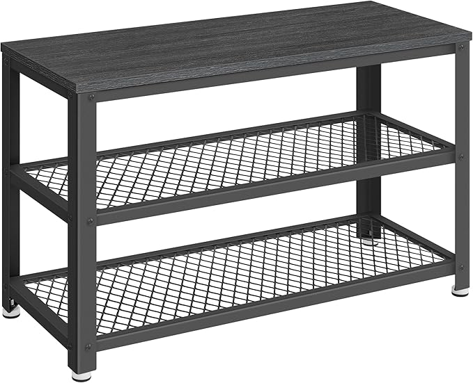 VASAGLE, 3-Tier Shoe Rack, Shelf Storage Bench with Metal Mesh Shelves and Seat, Free Standing Shoe Organizer for Entryway, 11.8 x 28.7 x 17.7 Inches, Ebony Black and Black ULBS073B06