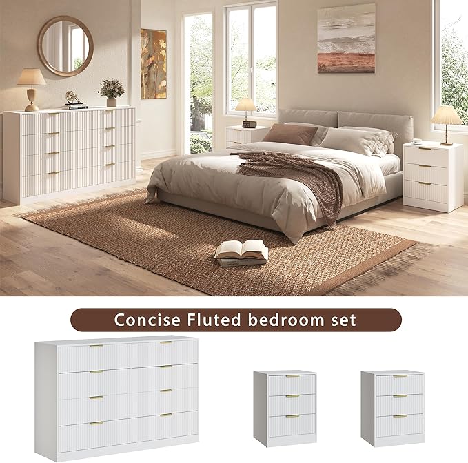 3-Piece Modern Bedroom Furniture Set, Wide 8-Drawer Dresser & 3-Drawer Nightstands Set of 2, Natural Wood Dresser and Nightstand Sets for Bedroom, Hallway, White