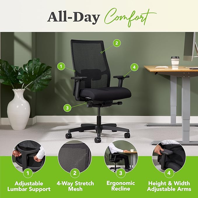 HON Ignition 2.0 Mid Back Task Chair, Spectrum Mesh, Advanced Synchro-Tilt Control, Office Chair with Lumbar Support, Height and Width Adjustable Arms, Black Frame, Salamander